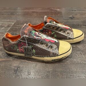 Ed Hardy Y2K Love Eternal tattoo brown tone sparkle slip on sneakers 10 Women